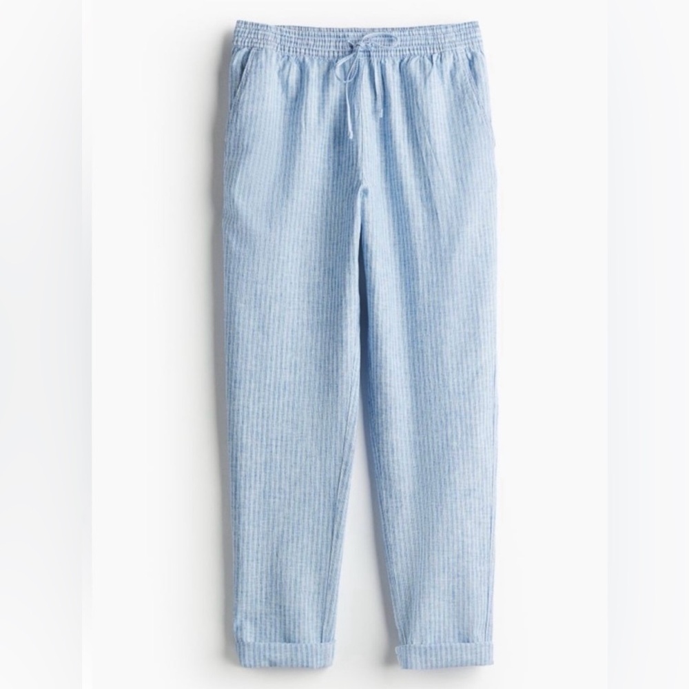 H&M L.O.G.G. Linen Blue White Stripe Skinny Pants Size 8